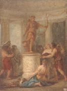 Interior of a classical temple,with hunters making an offering to a statue of diana